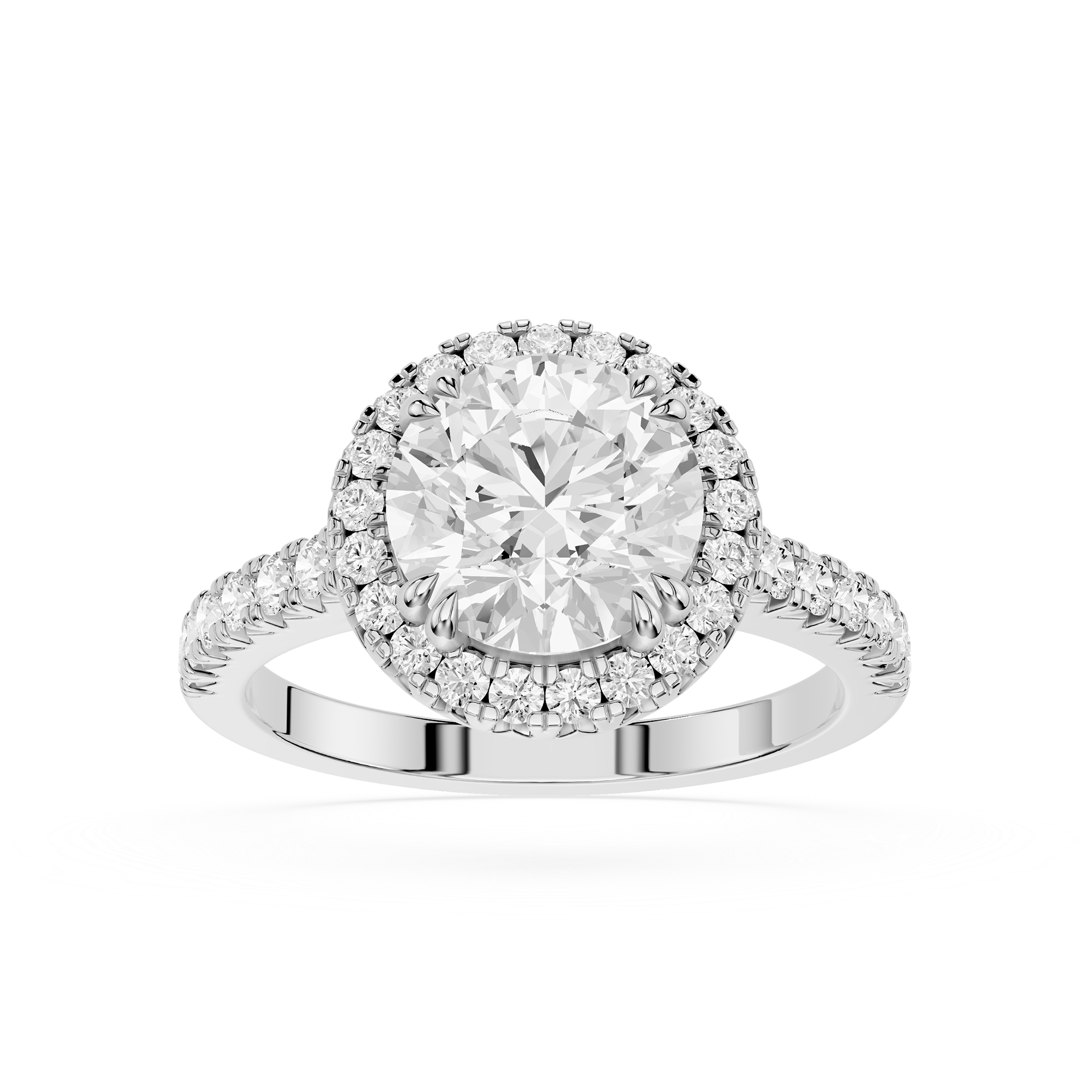A silver-toned diamond engagement ring with a round-cut center stone, a halo of smaller diamonds, and a shank accented with pave diamonds, shown on a clean white background.