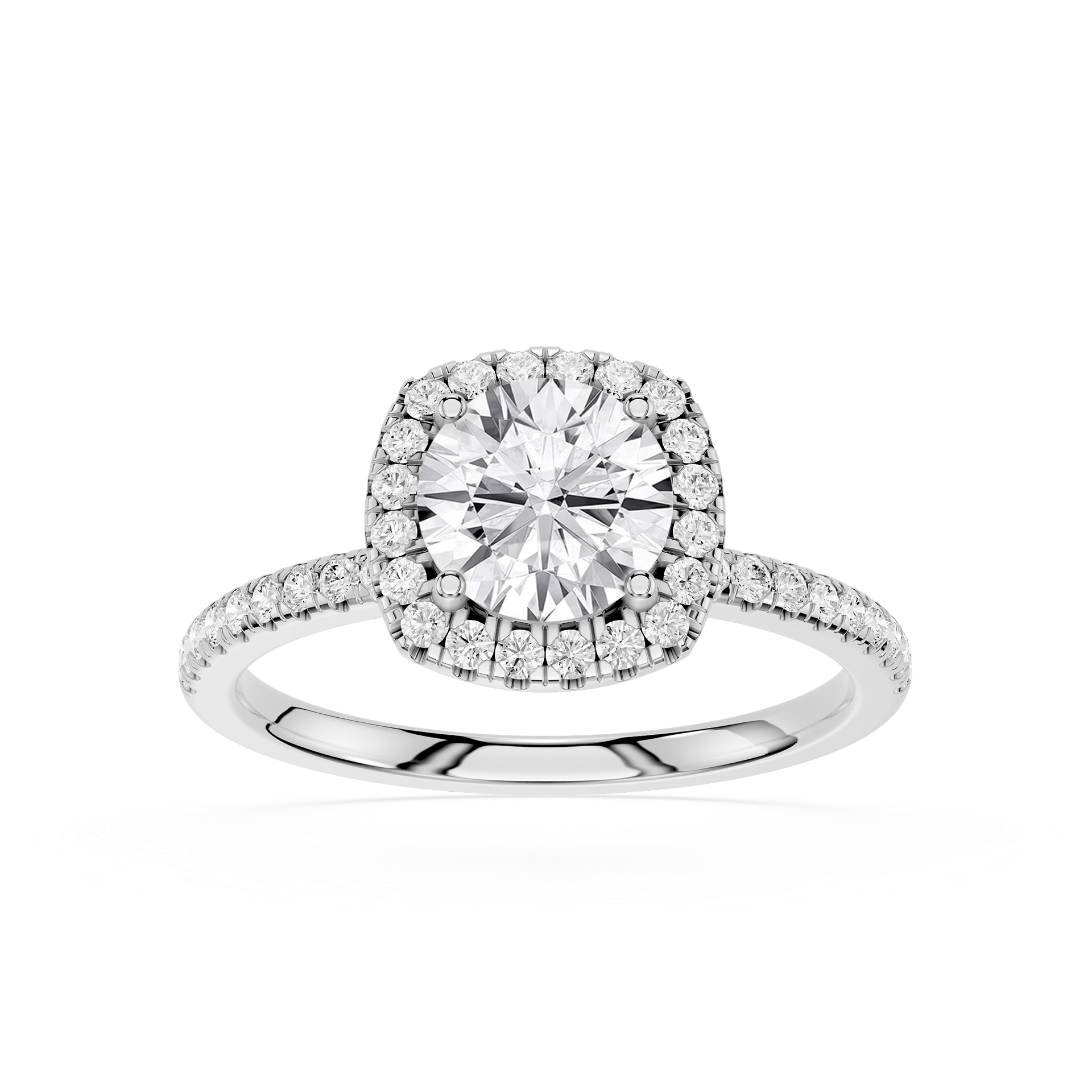 Diamond ring with a halo on a white background