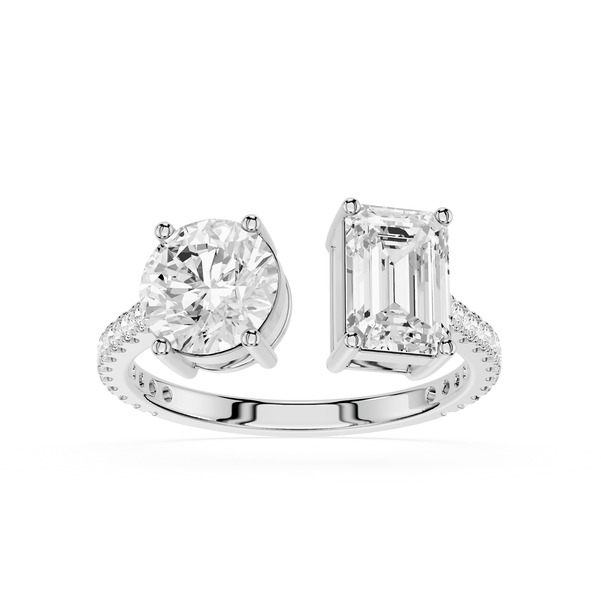 A white gold or platinum split-shank ring featuring a round brilliant-cut diamond on one side and an emerald-cut diamond on the other, set against a plain white background.