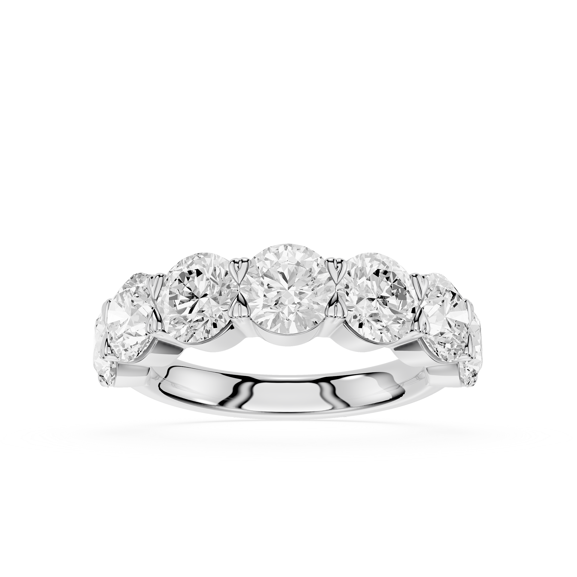 A five-stone diamond ring in a polished silver-colored metal band, set against a clean white background.