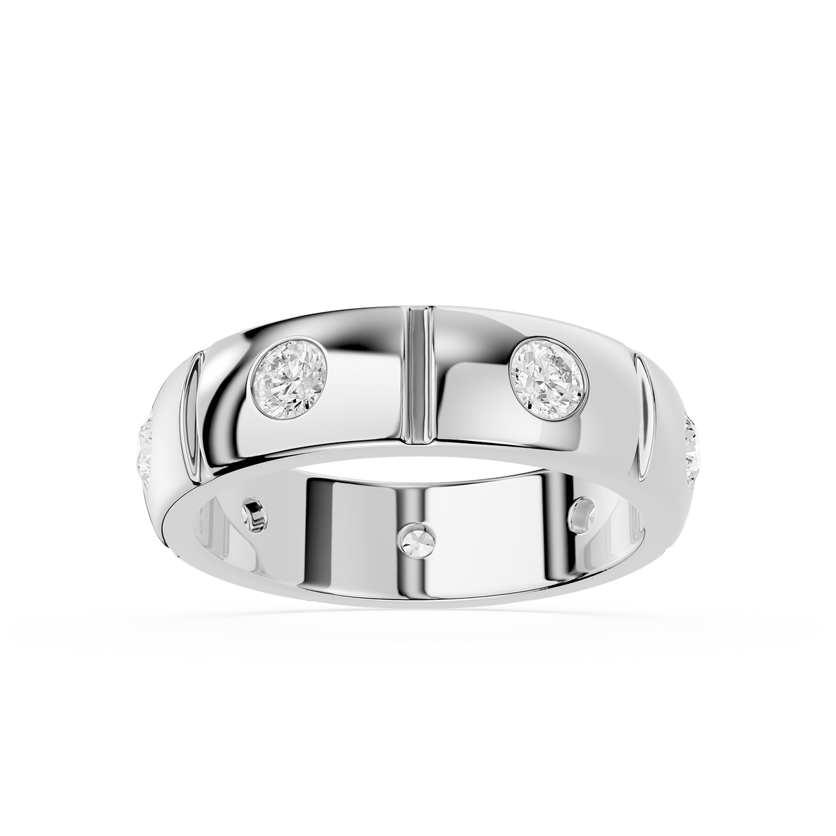 Front View Of White Gold Scattered Round Cut Lab Grown Diamond Flush Set Wedding Band