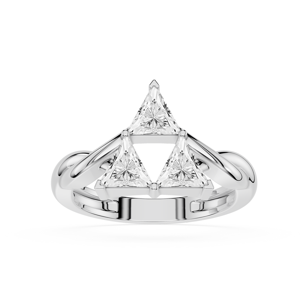 Silver ring with two triangular diamonds on a white background