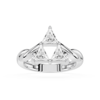 Silver ring with two triangular diamonds on a white background
