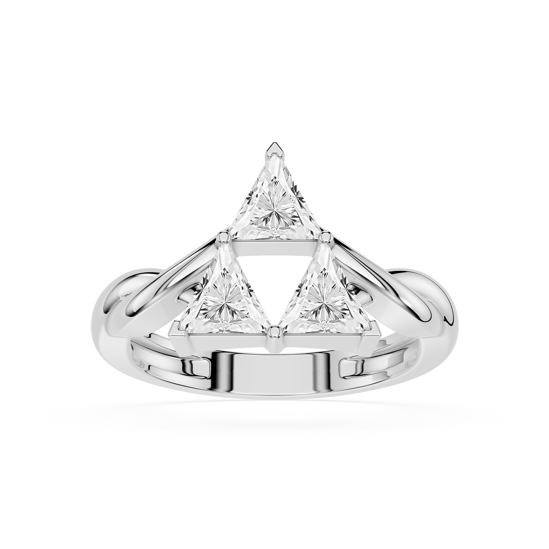 Silver ring with two triangular diamonds on a white background