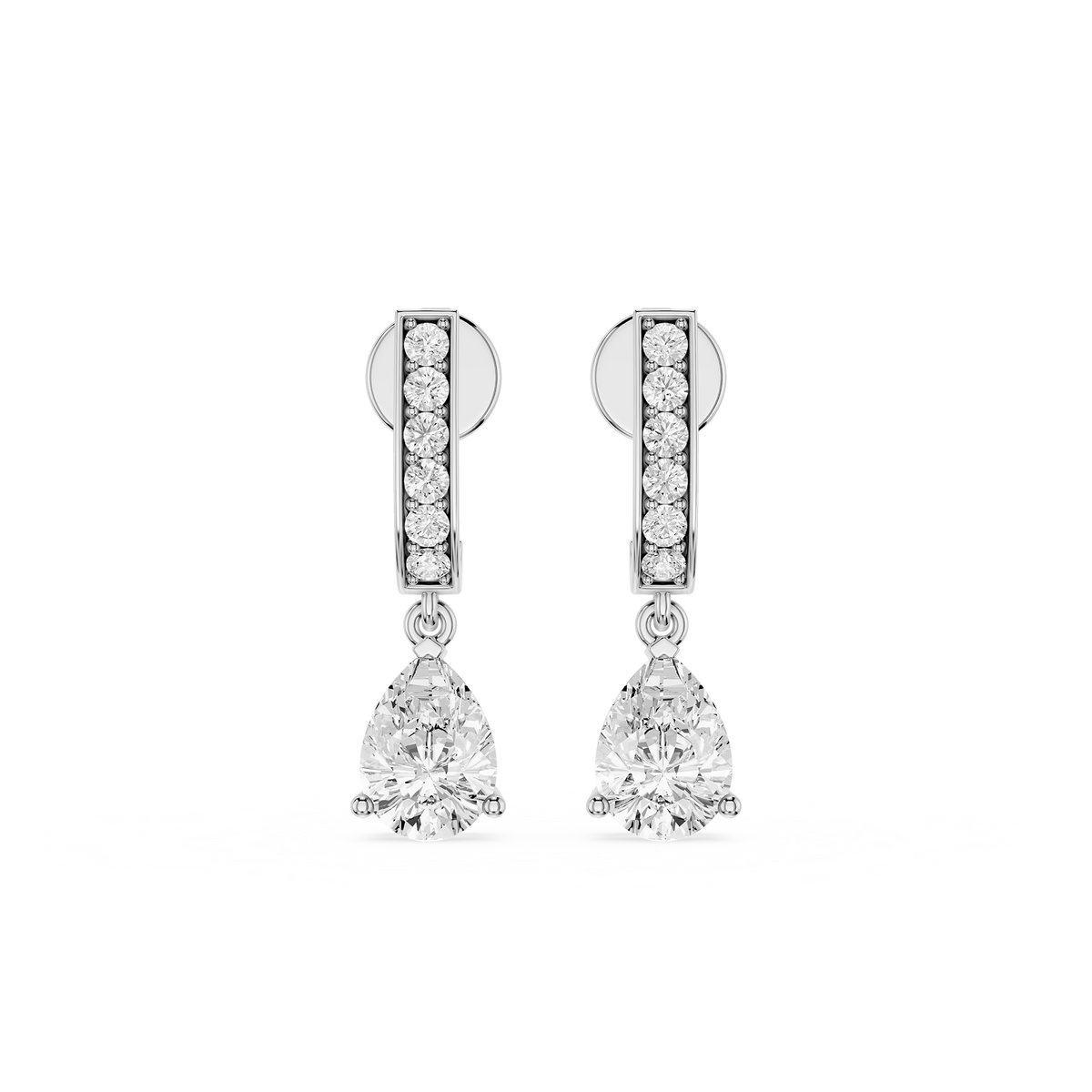 Pear Cut Lab Grown Diamond Dangle Bar Earrings in White Gold with Round Diamond Accent Bar Design | mvp:WG:001 