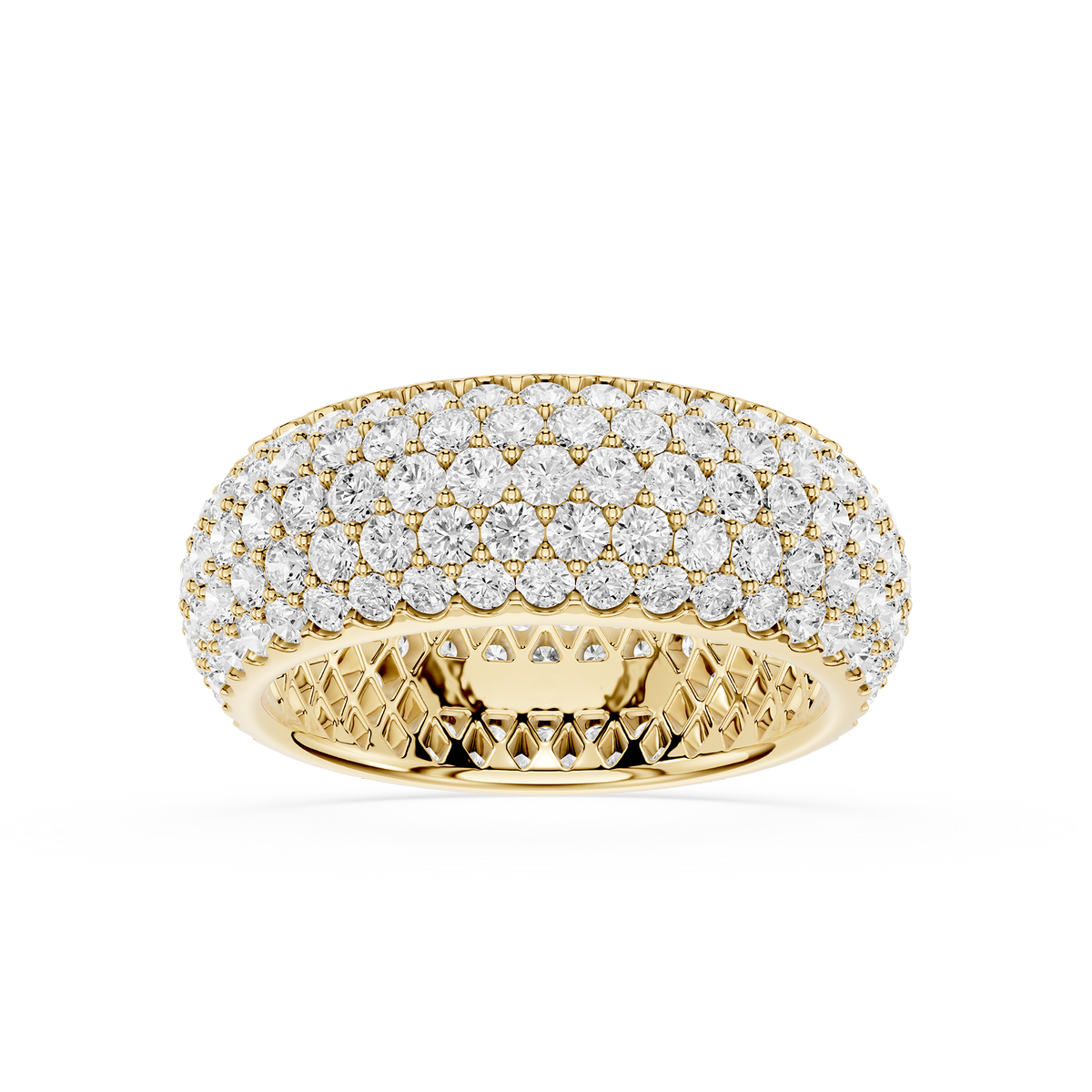 Wide Dome Pave Ring featuring multiple rows of round lab grown diamonds set across a high-polish yellow gold band with an open gallery design and diamond-accented profile.