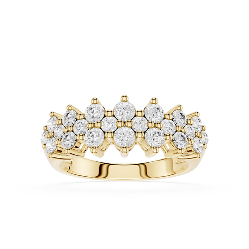 Front view of a yellow gold round cut lab grown diamond cluster wedding band featuring multiple round brilliant diamonds arranged in a crown-inspired openwork design.