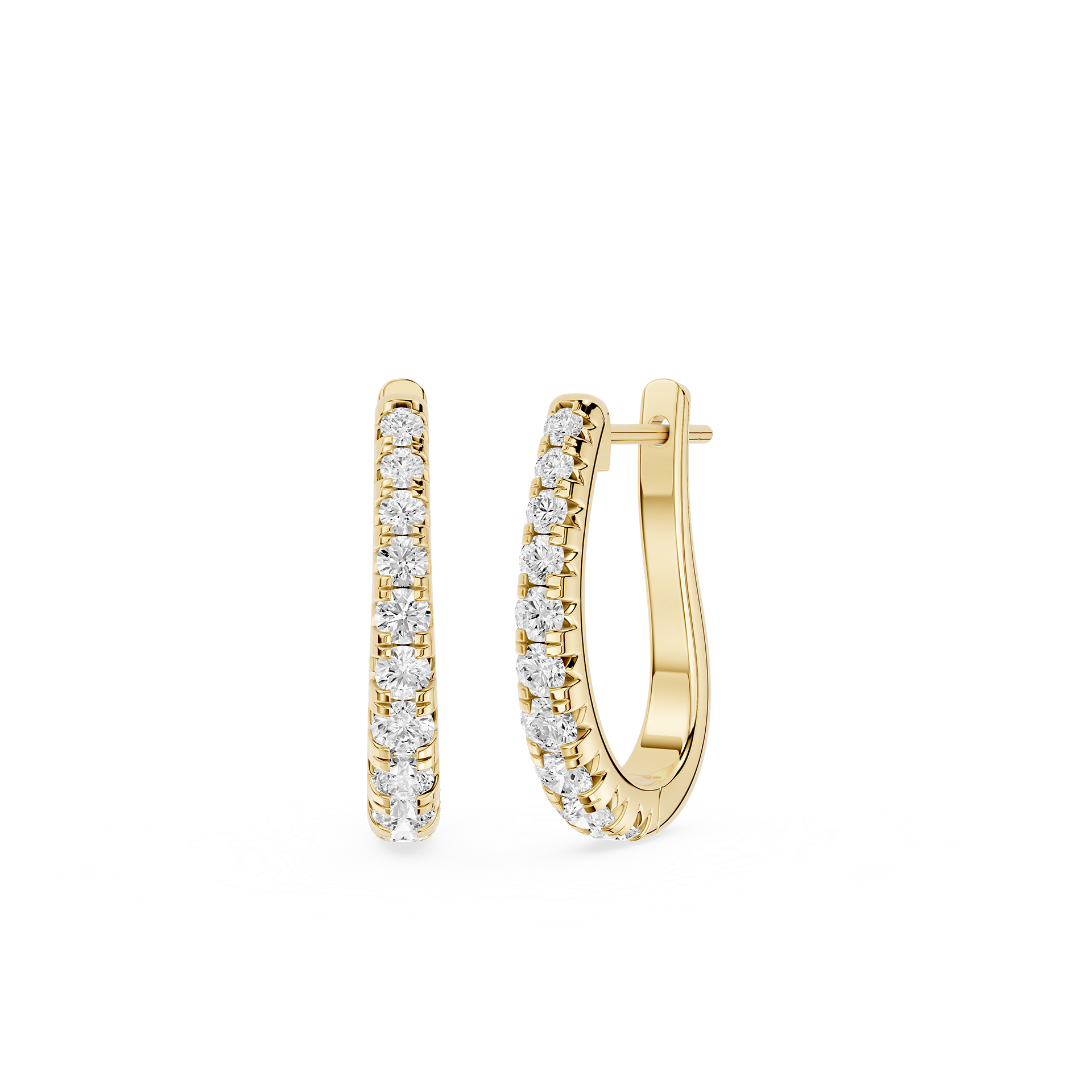 Gold hoop earrings with embedded diamonds on a white background