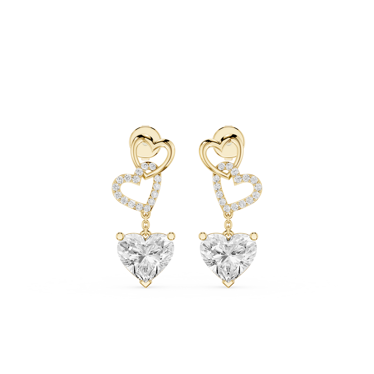 Heart Cut Lab Grown Diamond Drop Earrings with Interlocking Heart Design in Yellow Gold