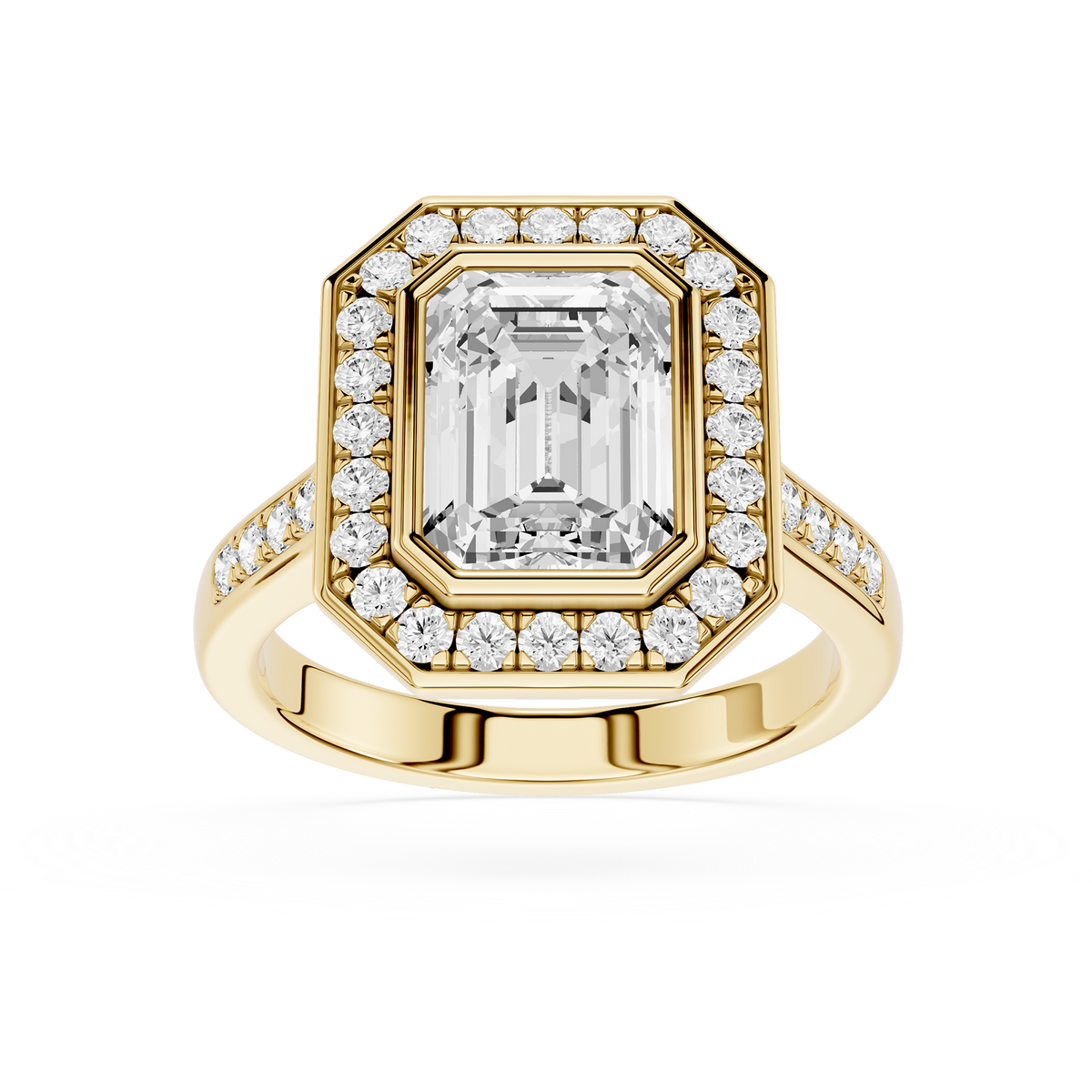 Yellow Gold Emerald Cut Bezel Hidden Halo Lab Diamond Engagement Ring