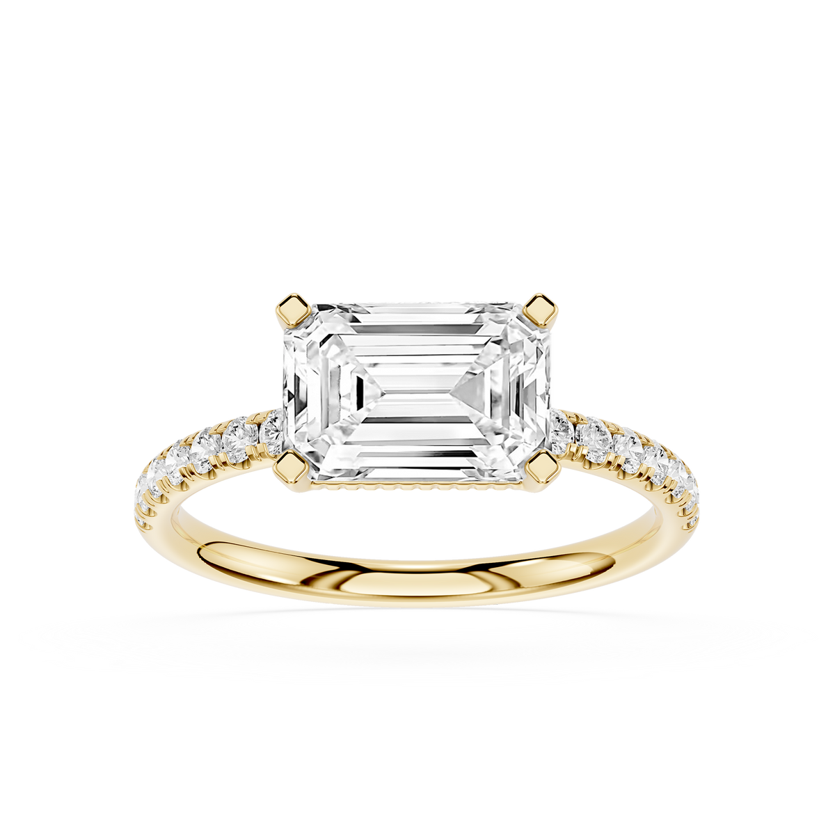 Four Prong Emerald Diamond Ring with Yellow Gold Shank and Accent Stones