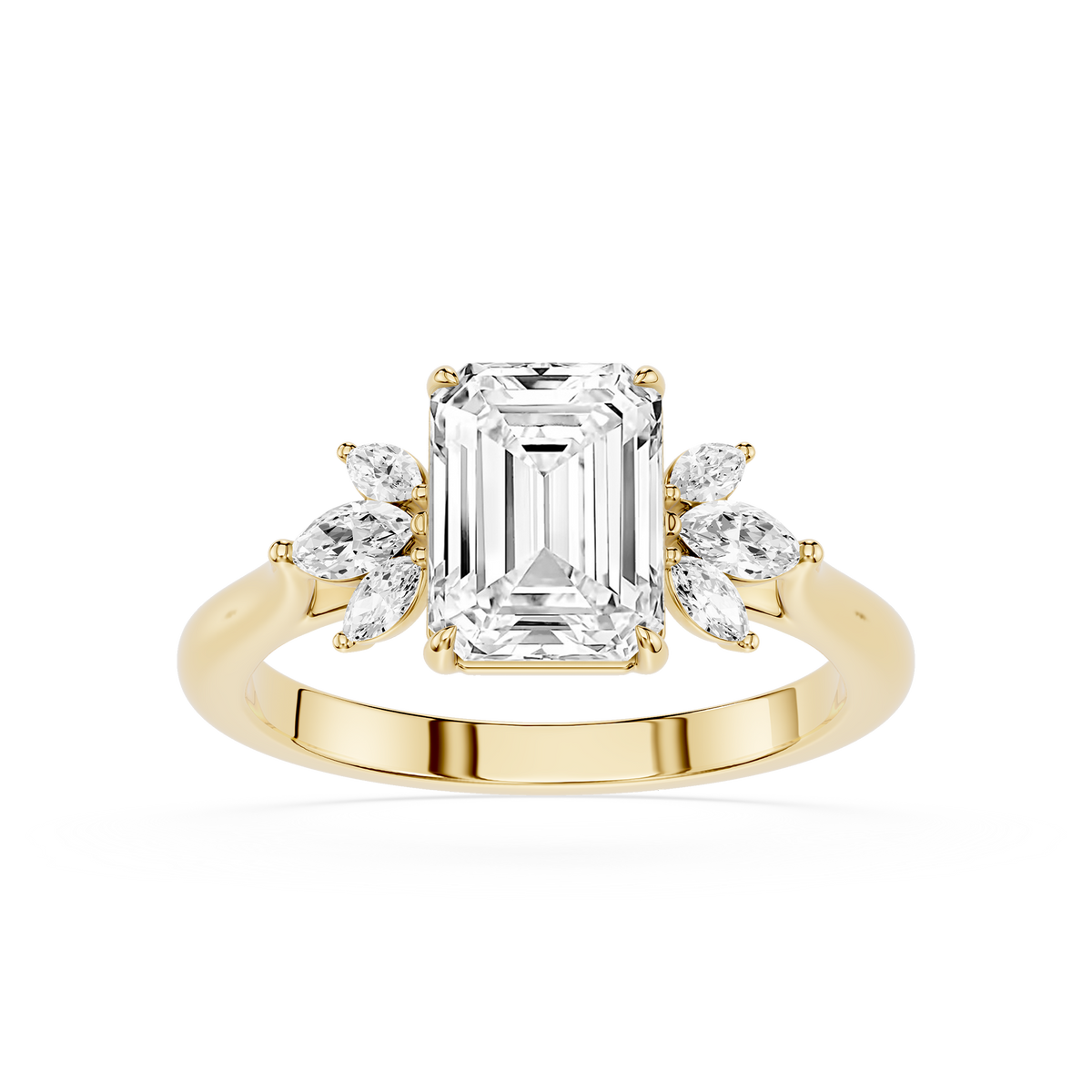 Emerald Cut Lab Grown Diamond Ring, Marquise Side Stone Engagement Ring, Yellow Gold Bridal Ring, Floral Diamond Accent Design, Four Prong Setting, Proposal Ring, Fine Jewelry Gift