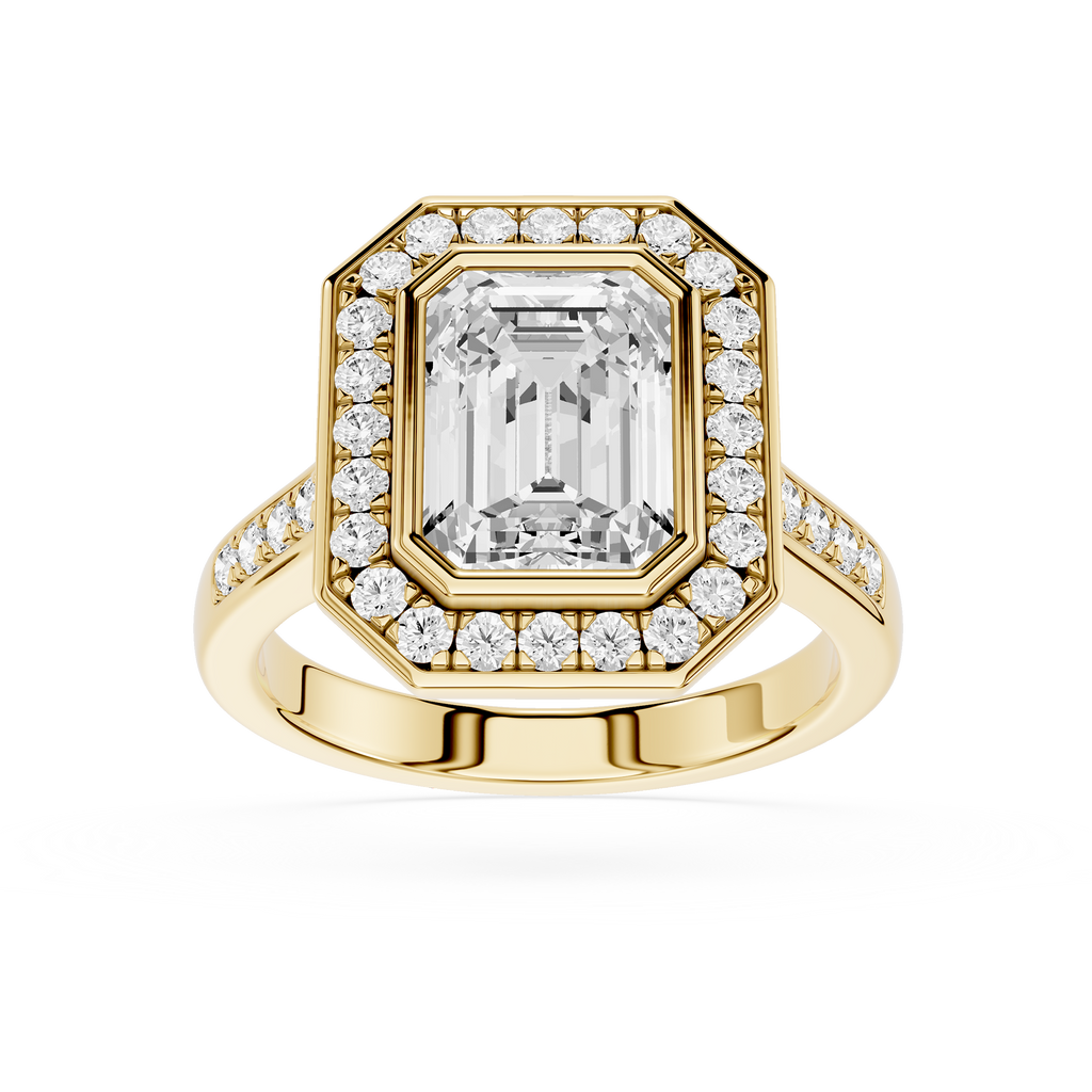 Gold ring with a large diamond and smaller diamonds around on a white background