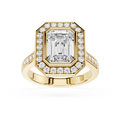 Gold ring with a large diamond and smaller diamonds around on a white background