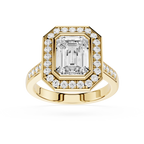 Gold ring with a large diamond and smaller diamonds around on a white background