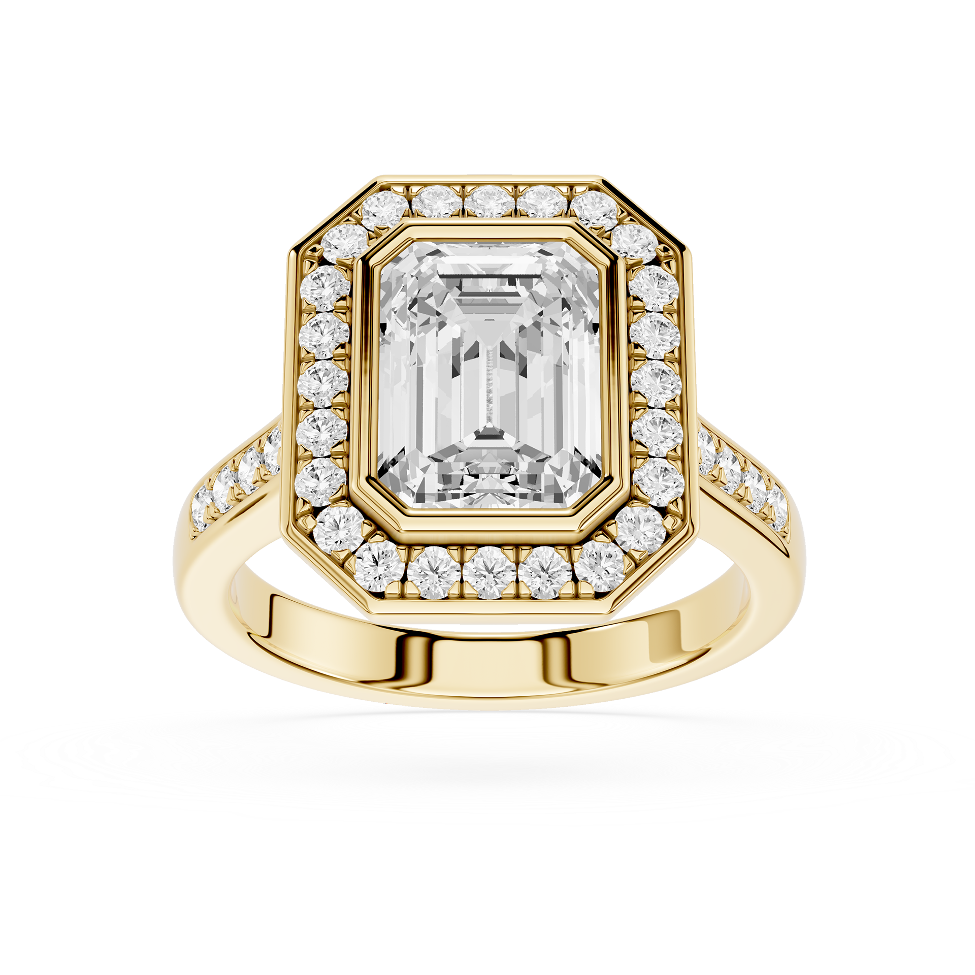 Gold ring with a large diamond and smaller diamonds around on a white background