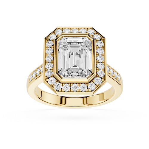 Gold ring with a large diamond and smaller diamonds around on a white background