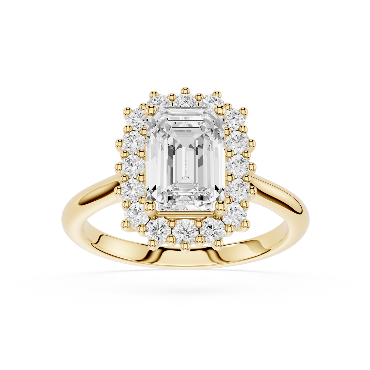 Front View of Emerald Cut Lab Grown Diamond Halo Engagement Ring in Yellow Gold with Round Diamond Accents