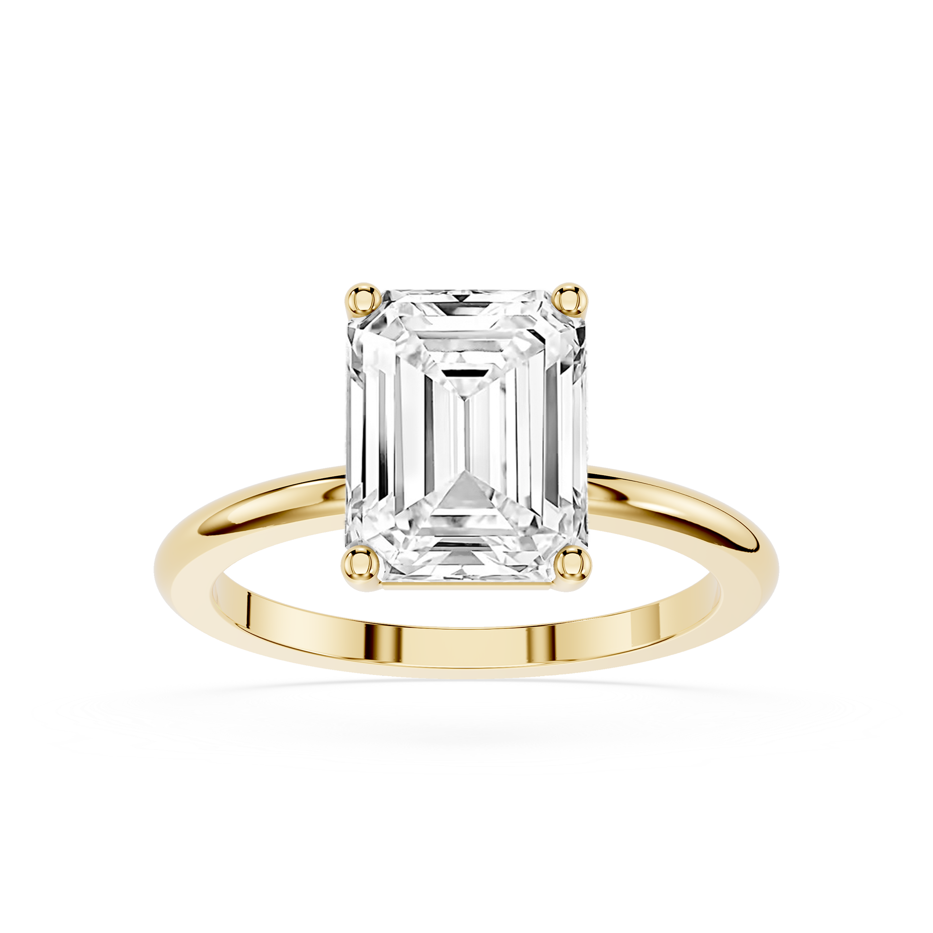 Gold ring with a large emerald-cut diamond on a white background
