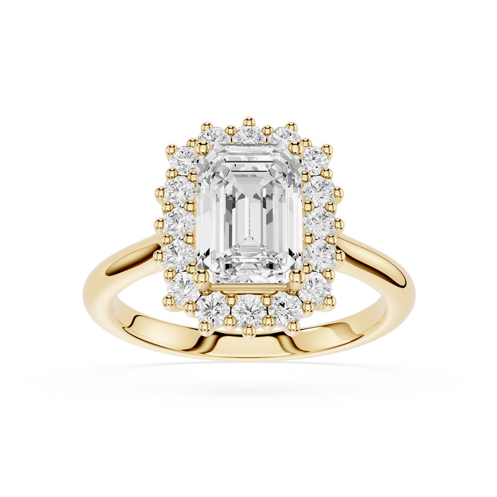 A yellow gold halo ring featuring a large emerald-cut center diamond surrounded by a double halo of smaller round diamonds, set on a polished gold band against a white background.