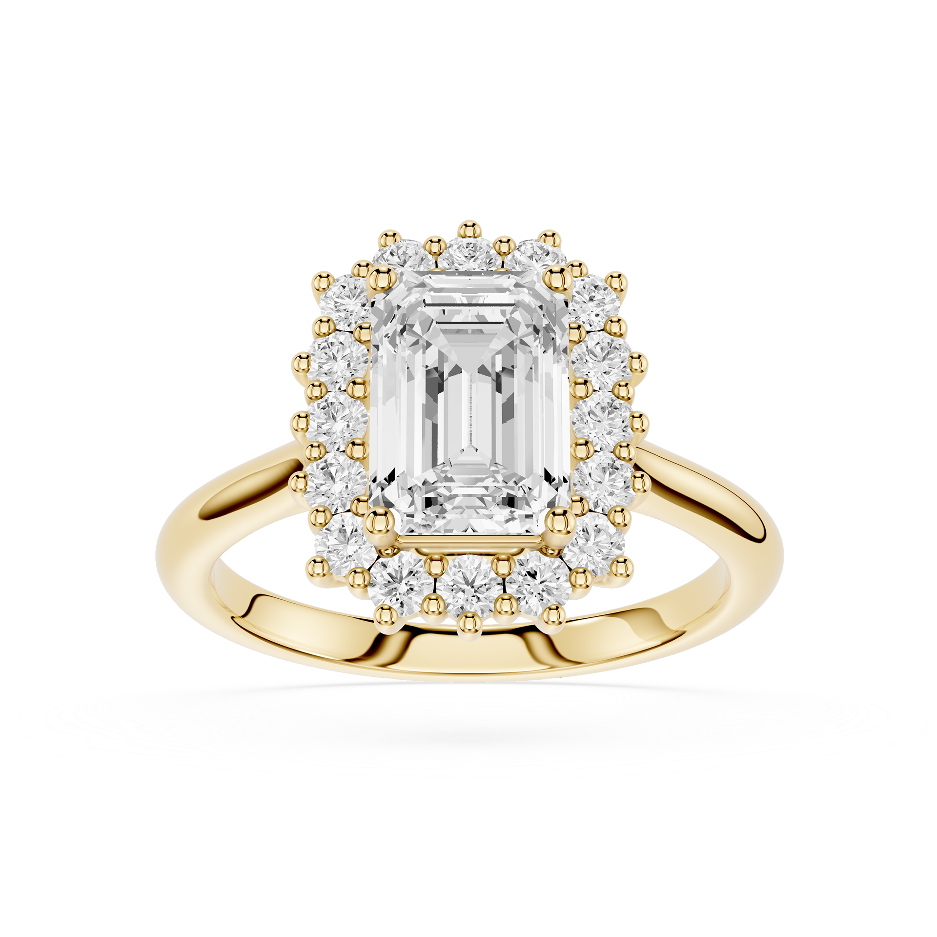 A yellow gold halo ring featuring a large emerald-cut center diamond surrounded by a double halo of smaller round diamonds, set on a polished gold band against a white background.