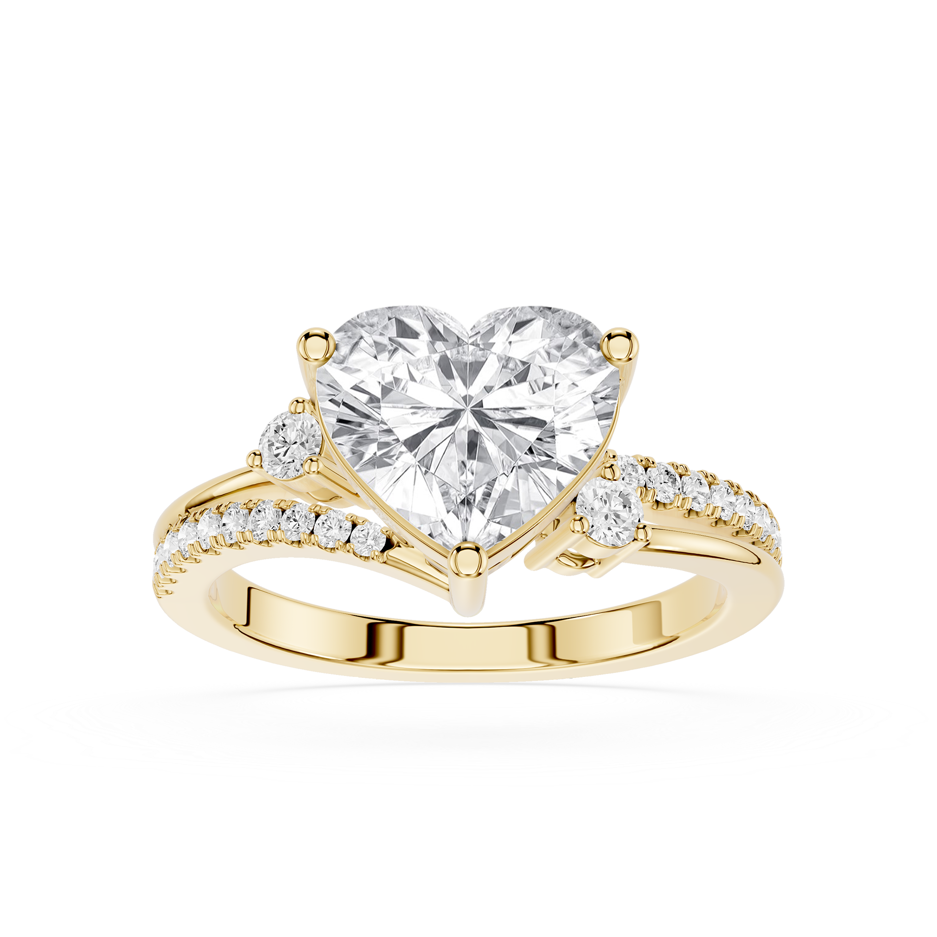 A yellow gold heart-shaped diamond engagement ring with a pavé band, shown on a clean white background.
