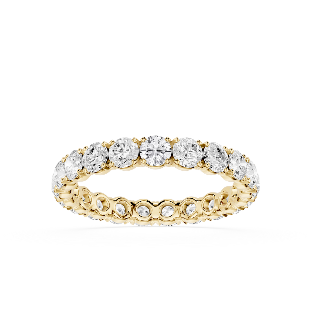 A yellow gold eternity ring featuring a continuous row of round brilliant-cut diamonds set in a polished band, shown against a solid white background.