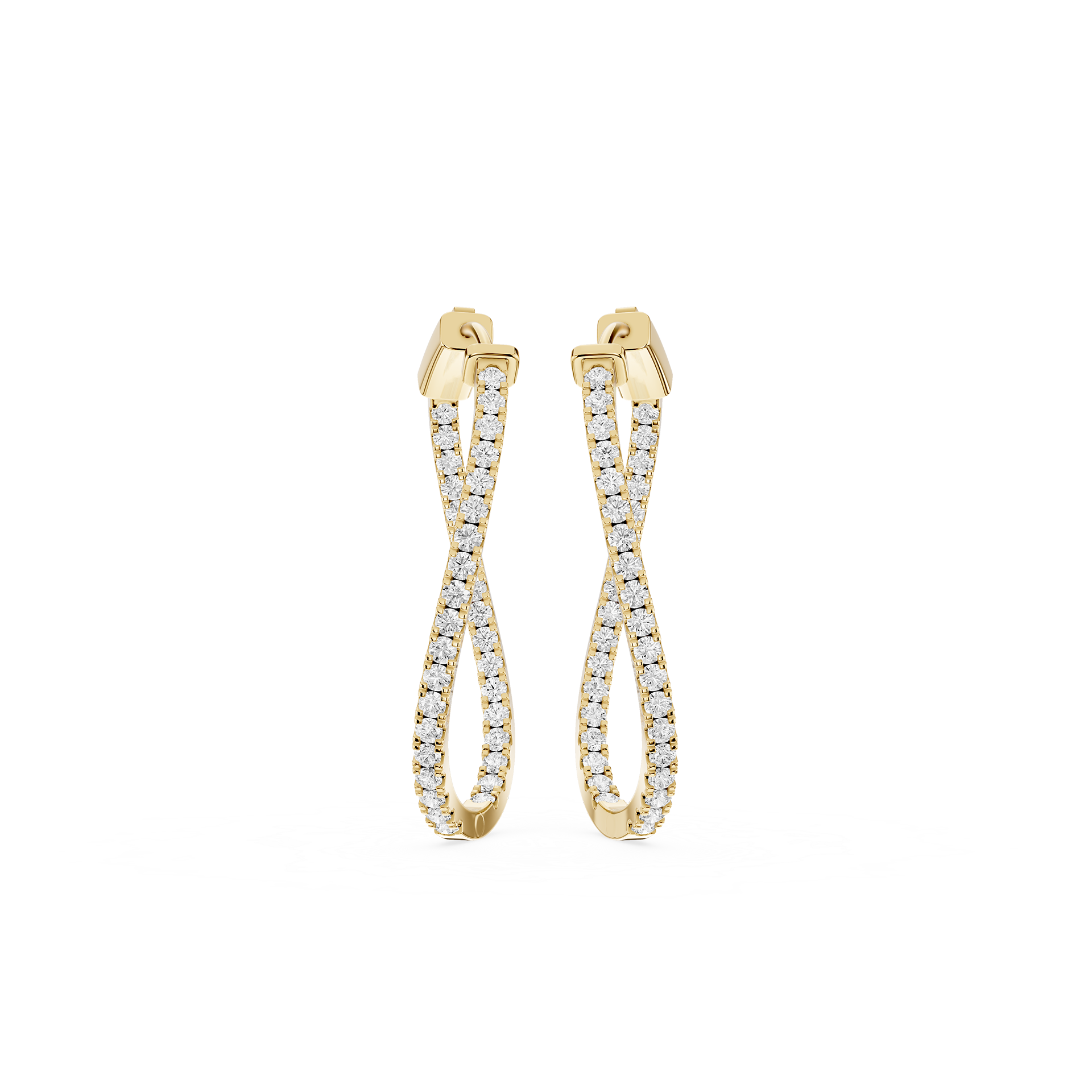 Gold earrings with diamond accents on a white background