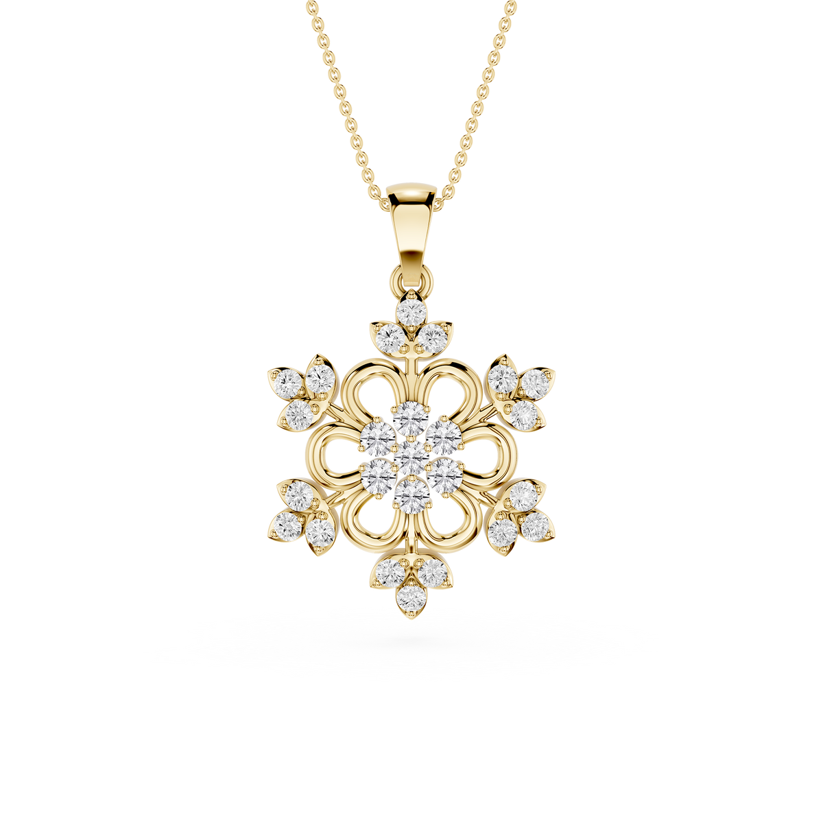 Yellow Gold Lab Grown Diamond Floral Filigree Pendant Necklace featuring an intricate openwork flower design with brilliant round diamonds.