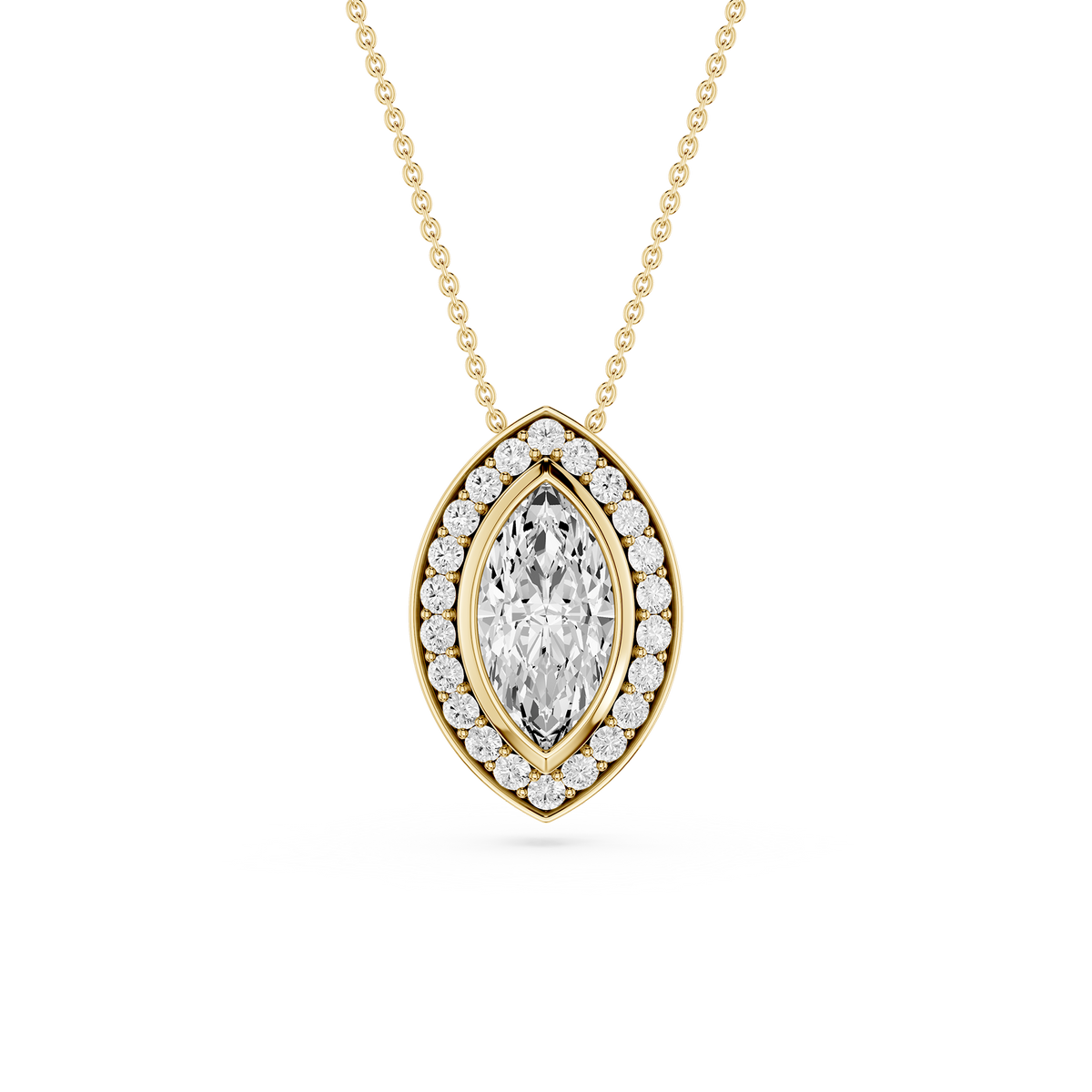 Yellow Gold Lab Grown Diamond Marquise Pendant Necklace featuring a marquise-cut center diamond surrounded by a sparkling round diamond halo.