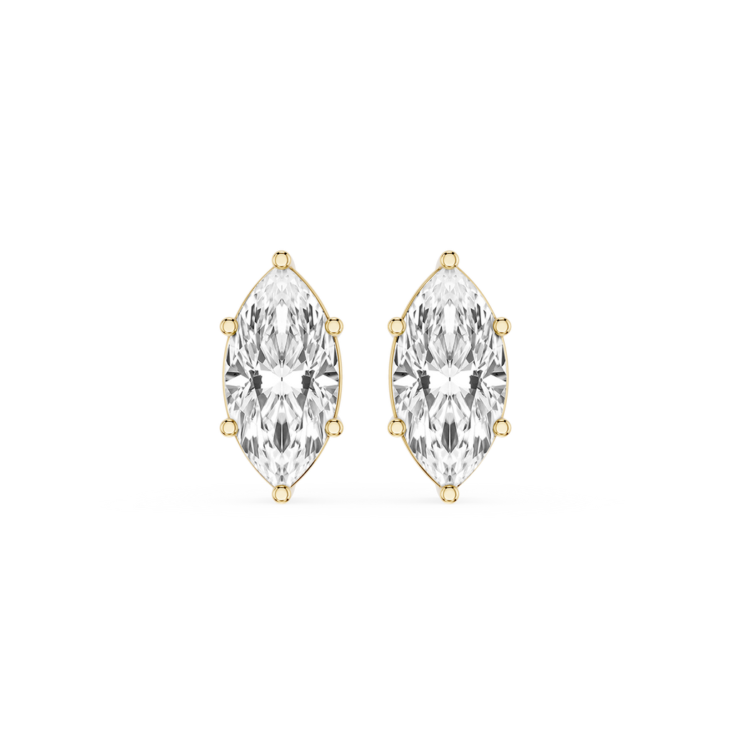 Gold earrings with clear marquise-shaped gemstones on a white background