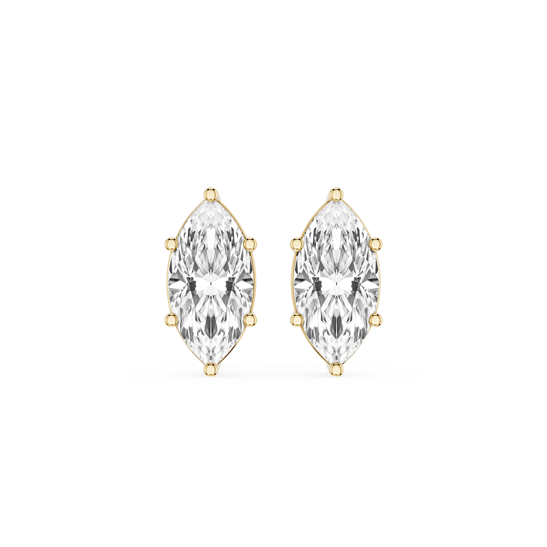 Gold earrings with clear marquise-shaped gemstones on a white background