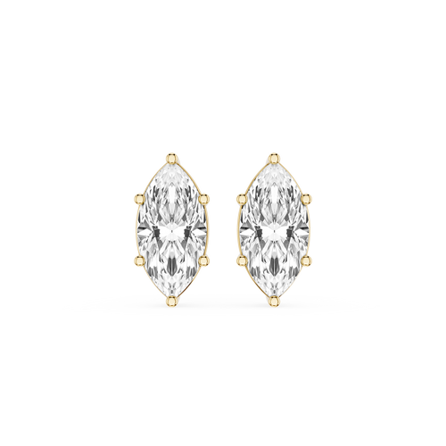 Gold earrings with clear marquise-shaped gemstones on a white background