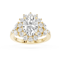 A yellow gold ring featuring a large oval-cut clear center stone surrounded by a cluster of smaller round and marquise-cut clear stones, shown on a plain white background.
