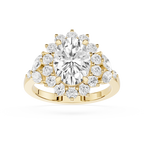 A yellow gold ring featuring a large oval-cut clear center stone surrounded by a cluster of smaller round and marquise-cut clear stones, shown on a plain white background.