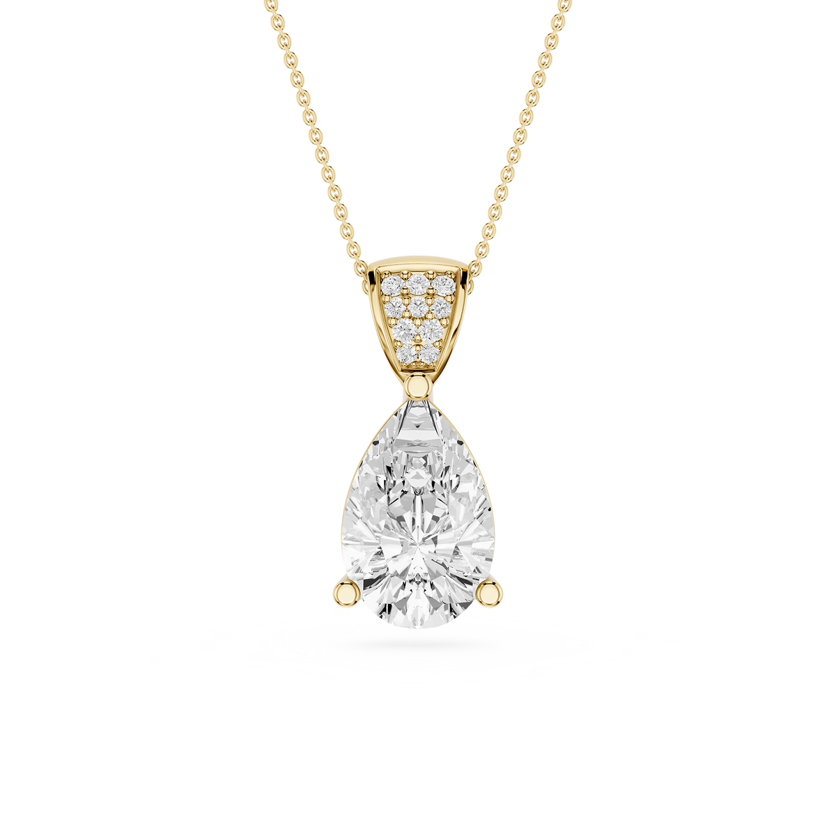 Gold necklace with a teardrop-shaped diamond pendant on a white background