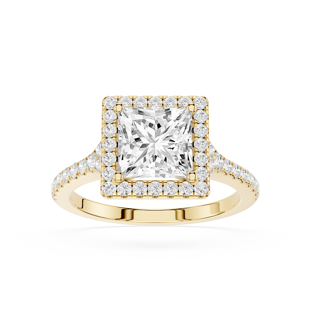 Gold ring with a large diamond and smaller diamonds around on a white background