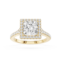 Gold ring with a large diamond and smaller diamonds around on a white background