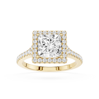 Gold ring with a large diamond and smaller diamonds around on a white background