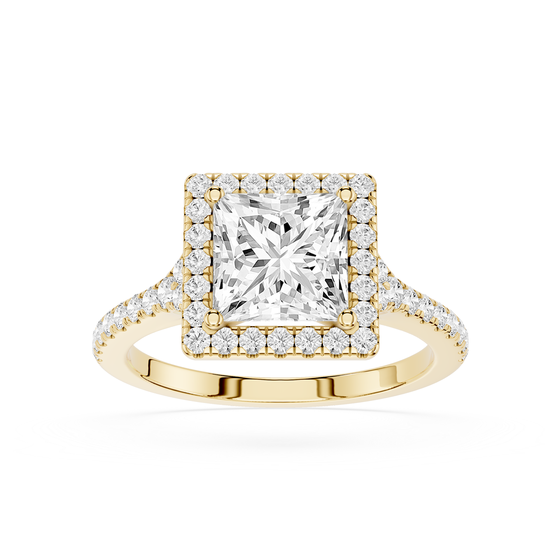 Gold ring with a large diamond and smaller diamonds around on a white background