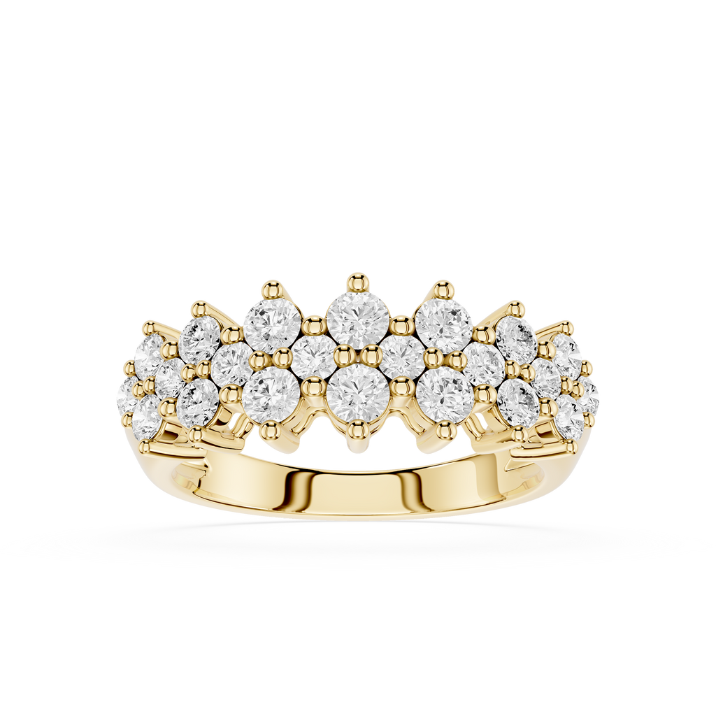 A yellow gold ring featuring a double row of round-cut clear gemstones in a prong setting, displayed on a clean white background.