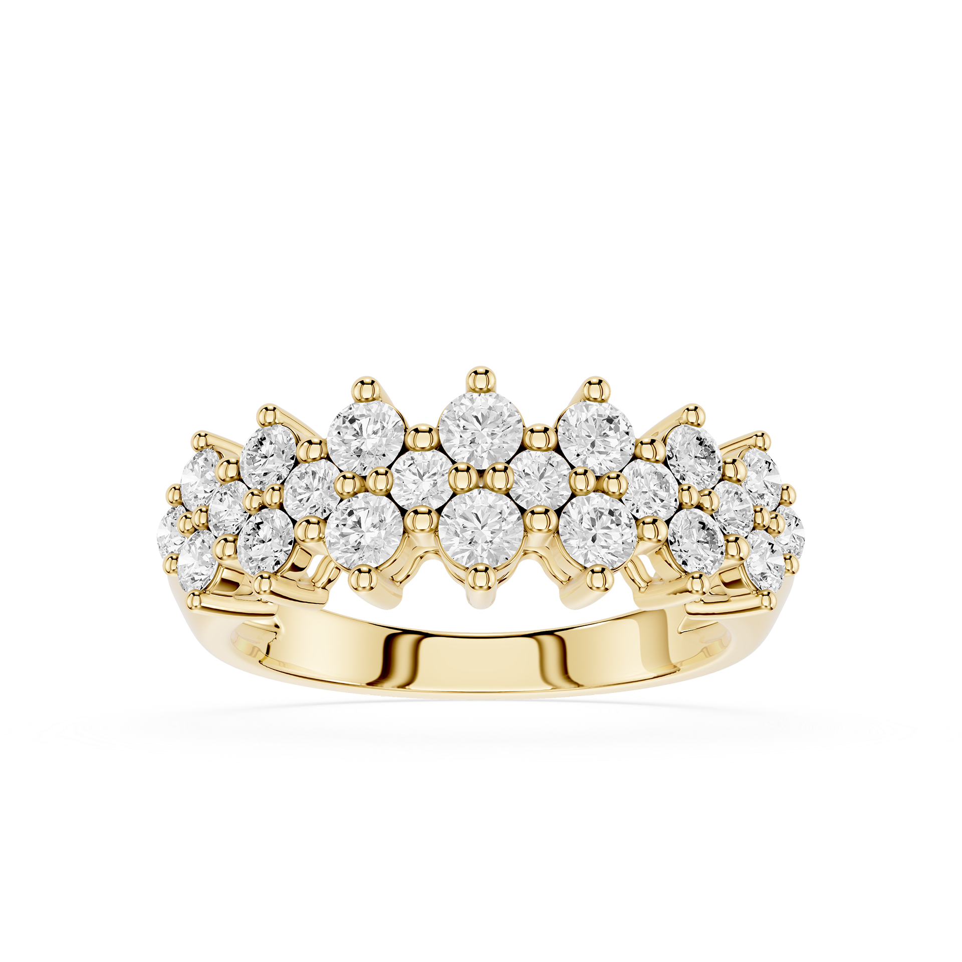 A yellow gold ring featuring a double row of round-cut clear gemstones in a prong setting, displayed on a clean white background.