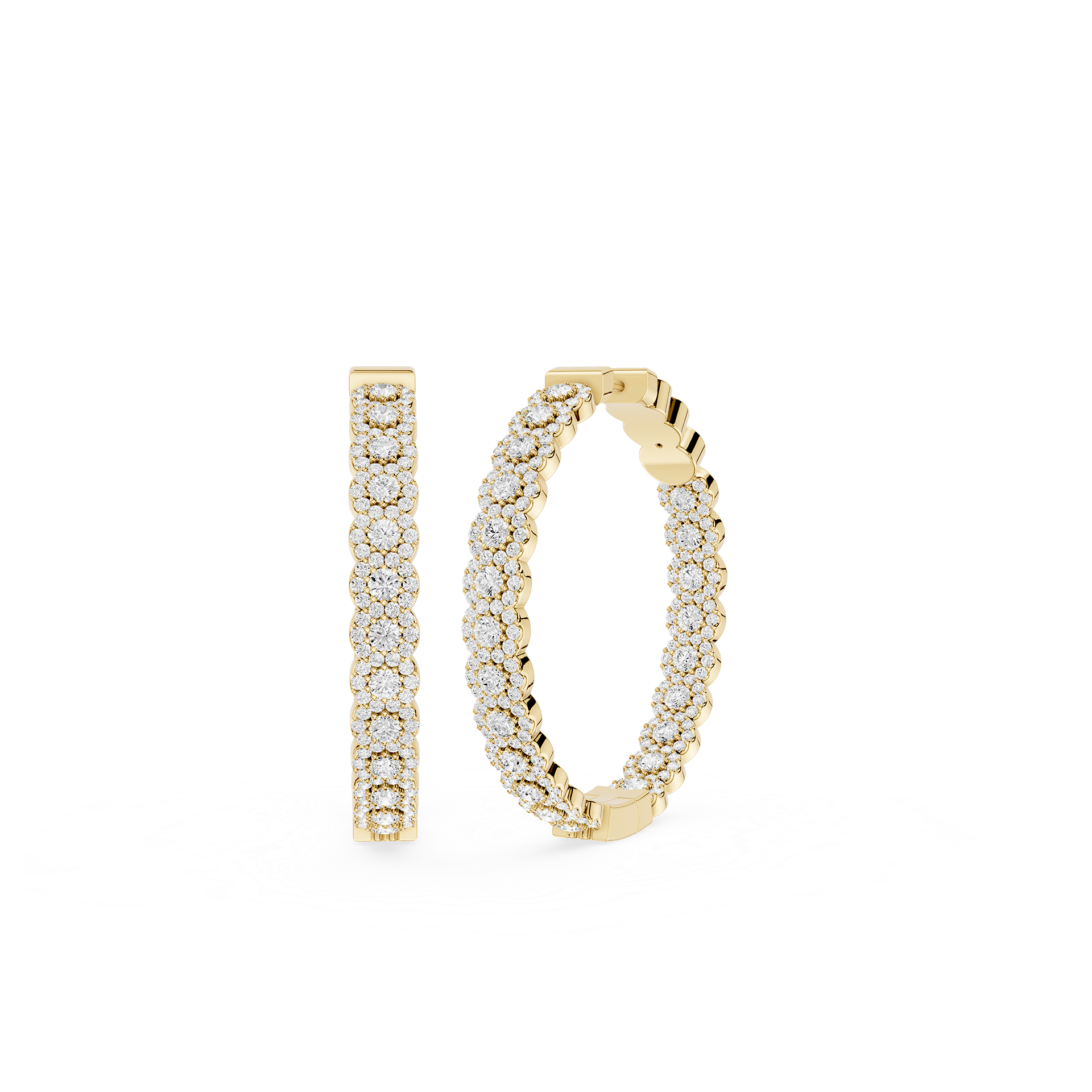 Gold hoop earrings with diamond accents on a white background
