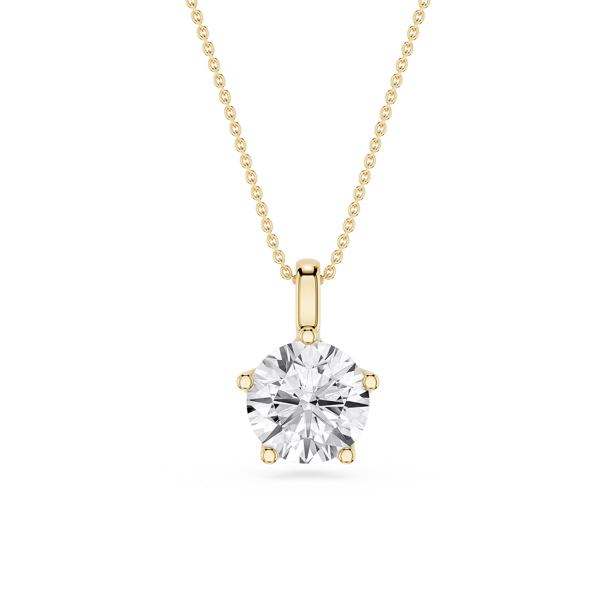 Gold necklace with a round diamond pendant on a white background