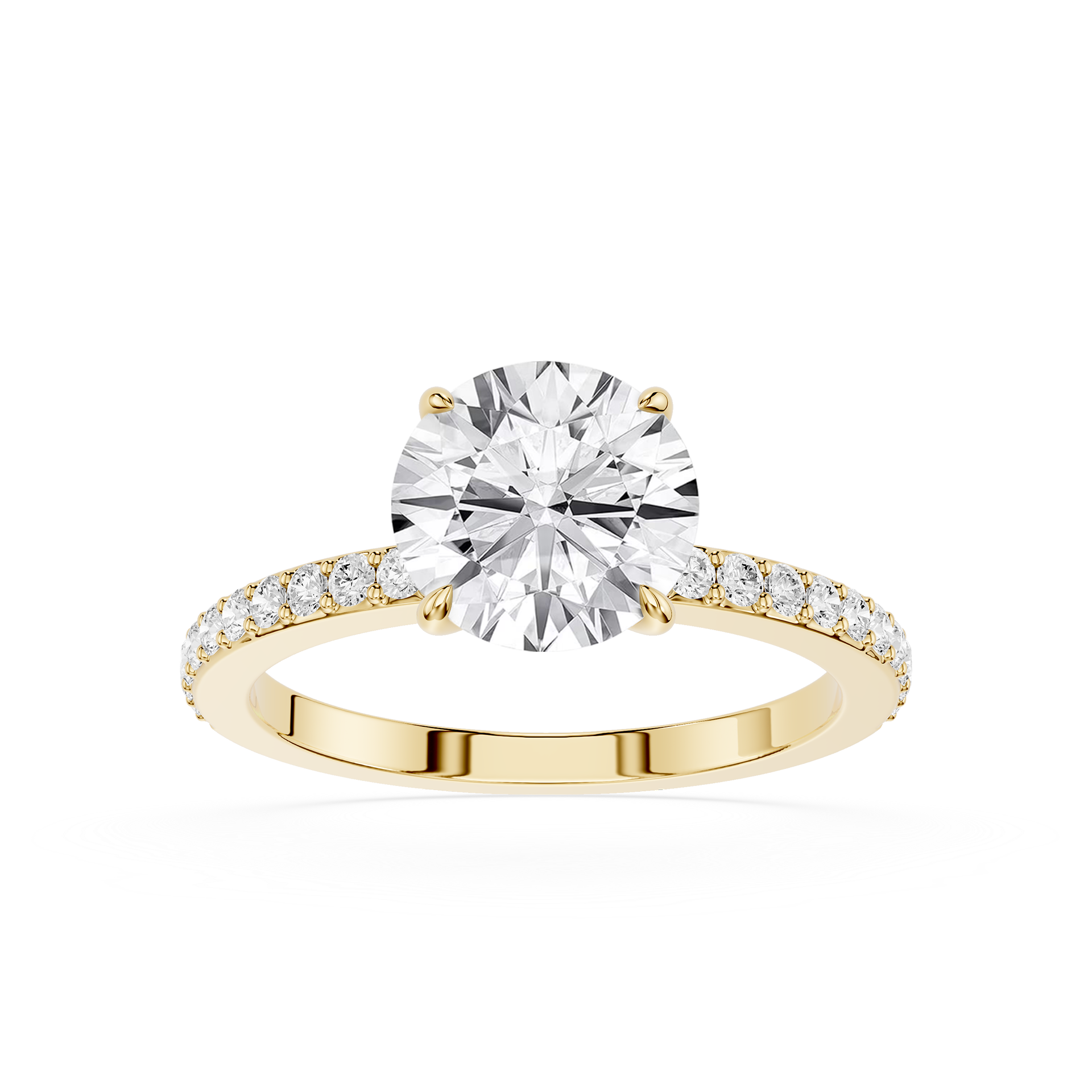 A yellow gold engagement ring featuring a round brilliant-cut diamond center stone and a pavé-set diamond band, shown on a clean white background.