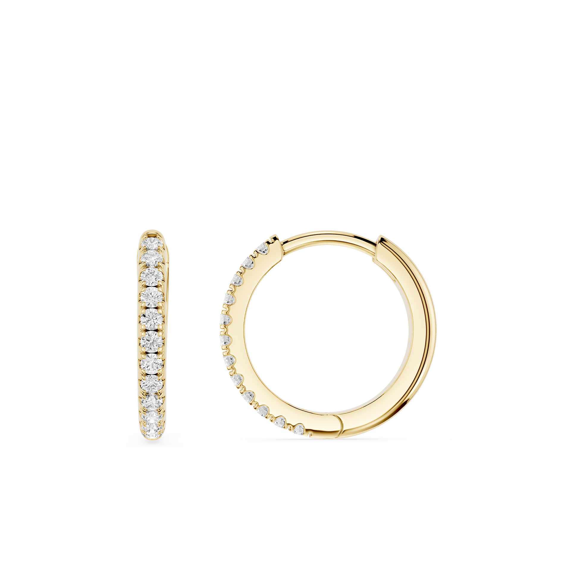 Gold hoop earrings with diamond accents on a white background