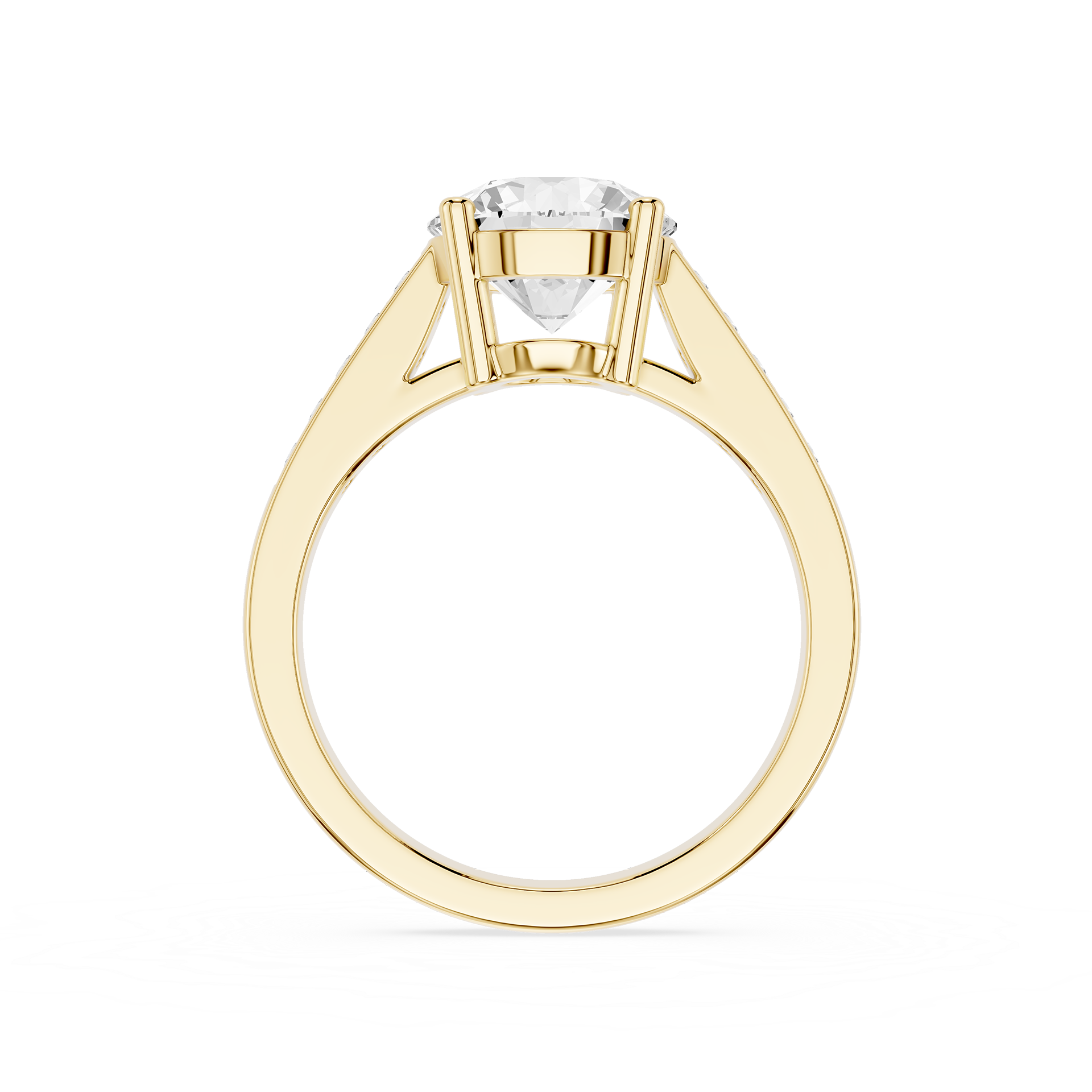 A yellow gold solitaire engagement ring with a round brilliant-cut diamond center stone, shown on a clean white background.