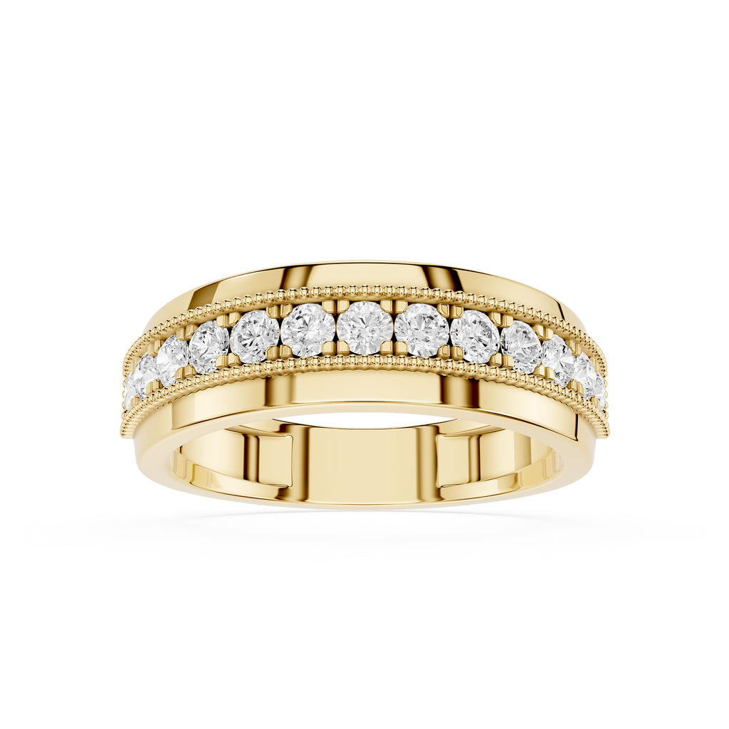 Gold ring with diamond accents on a white background