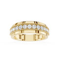 Gold ring with diamond accents on a white background