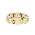 Gold ring with diamond accents on a white background